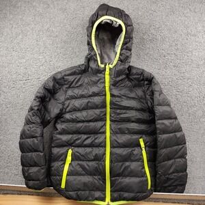 Eddie Bauer Kids Down Puffer Jacket Black Neon Yellow Hooded Size 7/8 Boys